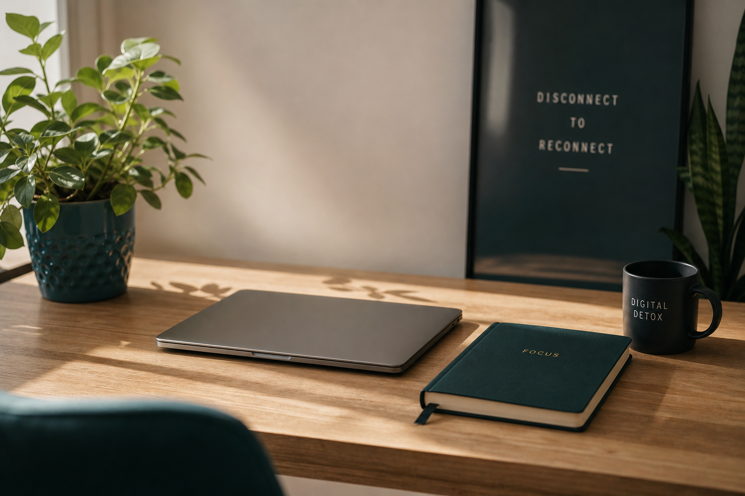 Calm workspace reflecting mindful screen habits